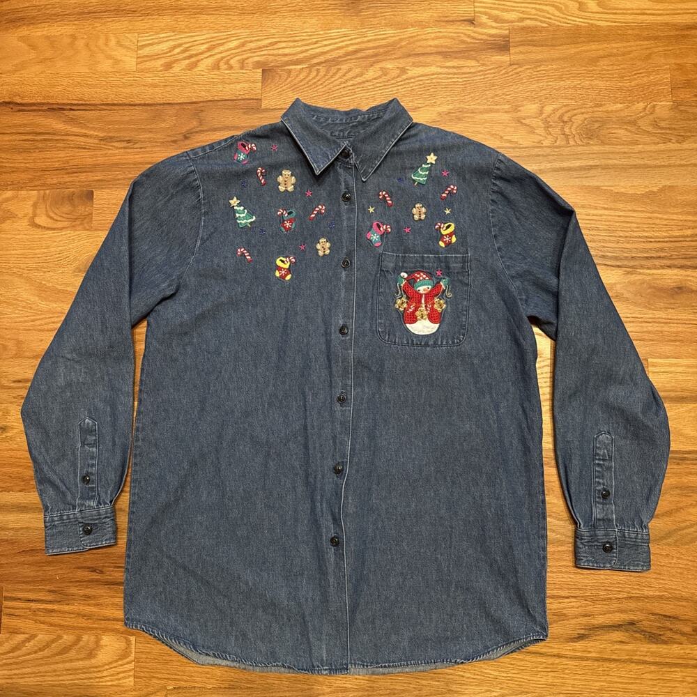 Vtg 90s Karen Scott Christmas Shirt Embroidered Women’s Denim Long Sleeve Sz SM